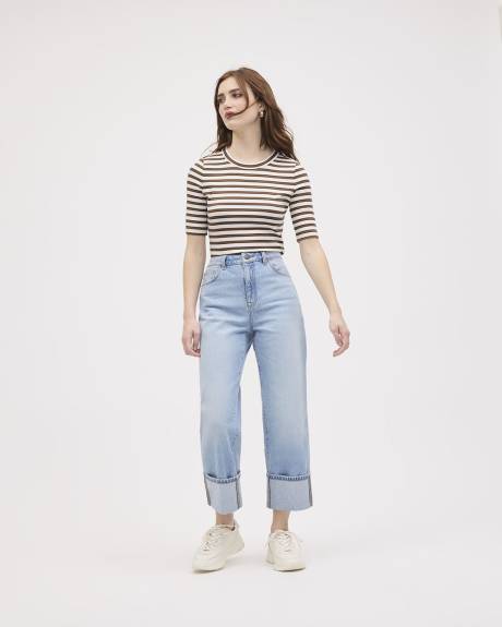 Striped Elbow-Sleeve Crew-Neck Fitted Tee