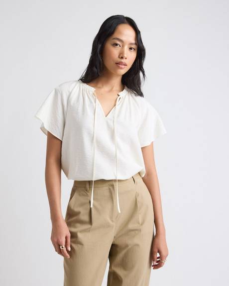 Split-Neck Blouse with Short Flutter Sleeves