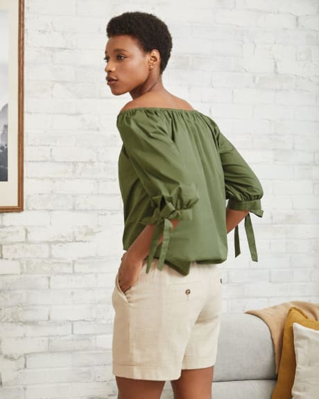 Off Shoulder Popover Blouse with Bow at Sleeves