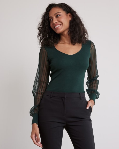Long-Puffy-Sleeve Sweater with Sweetheart Neckline