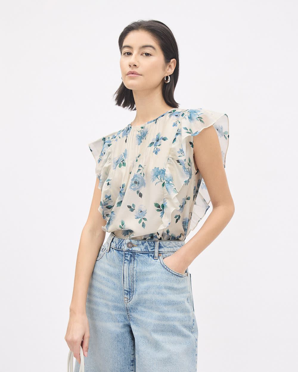 Sleeveless Blouse with Ruffles at Shoulders