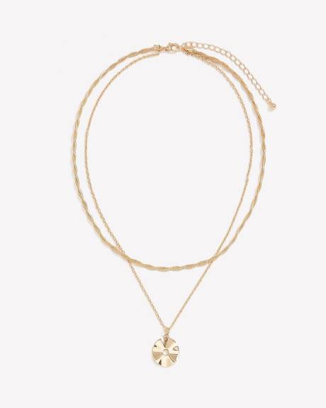 Collier &agrave; Double Cha&icirc;ne avec Pendentif Rond en M&eacute;tal