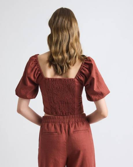 Linen-Blend Square-Neck Tube Top with Puffy Sleeves
