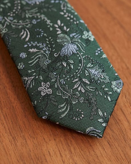 Cravate Étroite Verte à Motif Floral
