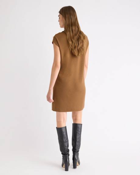 Extended-Sleeve Mock-Neck Mini-Dress with Buttons on Shoulder