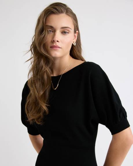 Robe Midi en Tricot à Manches aux Coudes et Col Bateau