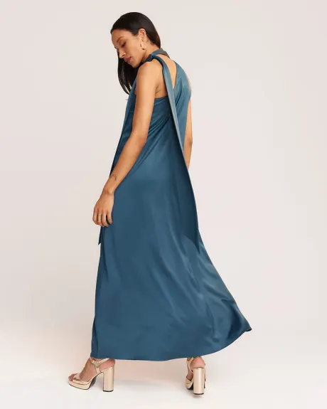One Shoulder Satin Gown with Neck Tie