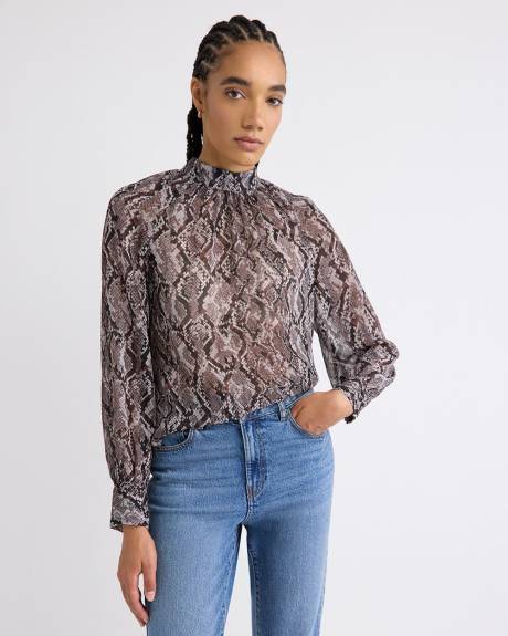 Long-Sleeve Chiffon Popover Blouse