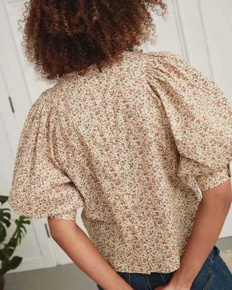 Puffy 3/4 Sleeves Popover Blouse with Buttoned Back