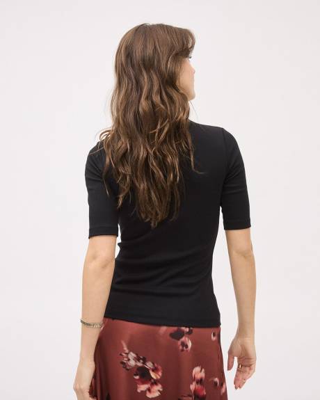 Elbow-Sleeve Mock-Neck Fitted Ribbed Tee