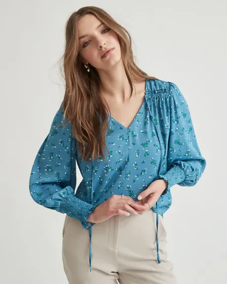 Floral Twist Twill Long Puffy Sleeve V-Neck Blouse with Tie