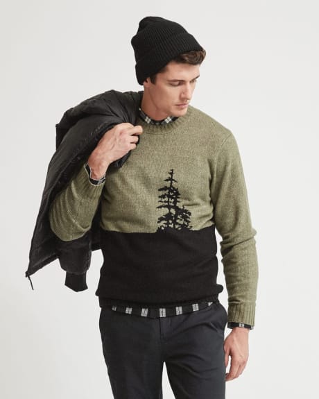 Crew Neck Pullover Sweater with Tree Pattern
