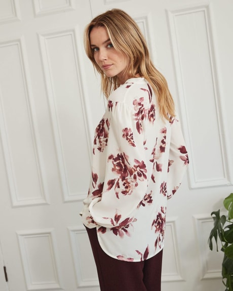 Split Neck Popover Blouse with Long Puffy Sleeves