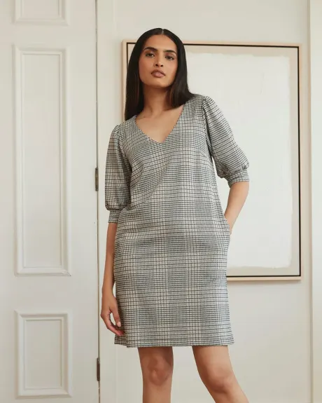 Houndstooth Short Puffy Sleeve V-Neck Shift Dress with Metallic Buttons at Back