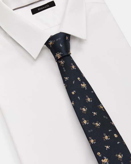 Cravate Régulière Texturée Marine à Fleurs Dorées