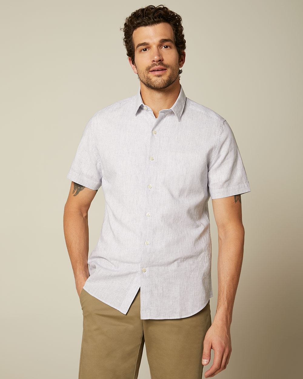 Tailored Fit Linen-Blend Striped Short Sleeve Shirt | RW&CO.