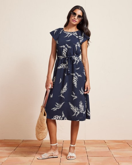Extended-Sleeve Fluid Fit and Flare Midi Dress with Crew Neckline