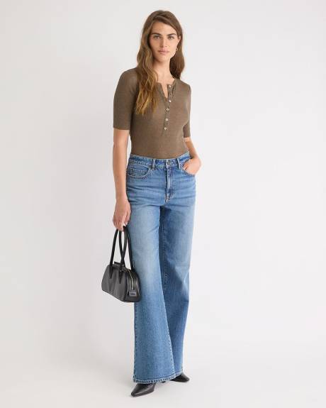 Haut Henley Côtelé en Mélange de Laine à Manches aux Coudes