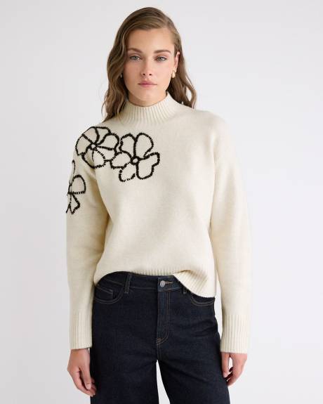 Long-Sleeve Mock-Neck Sweater with Embroidered Pattern