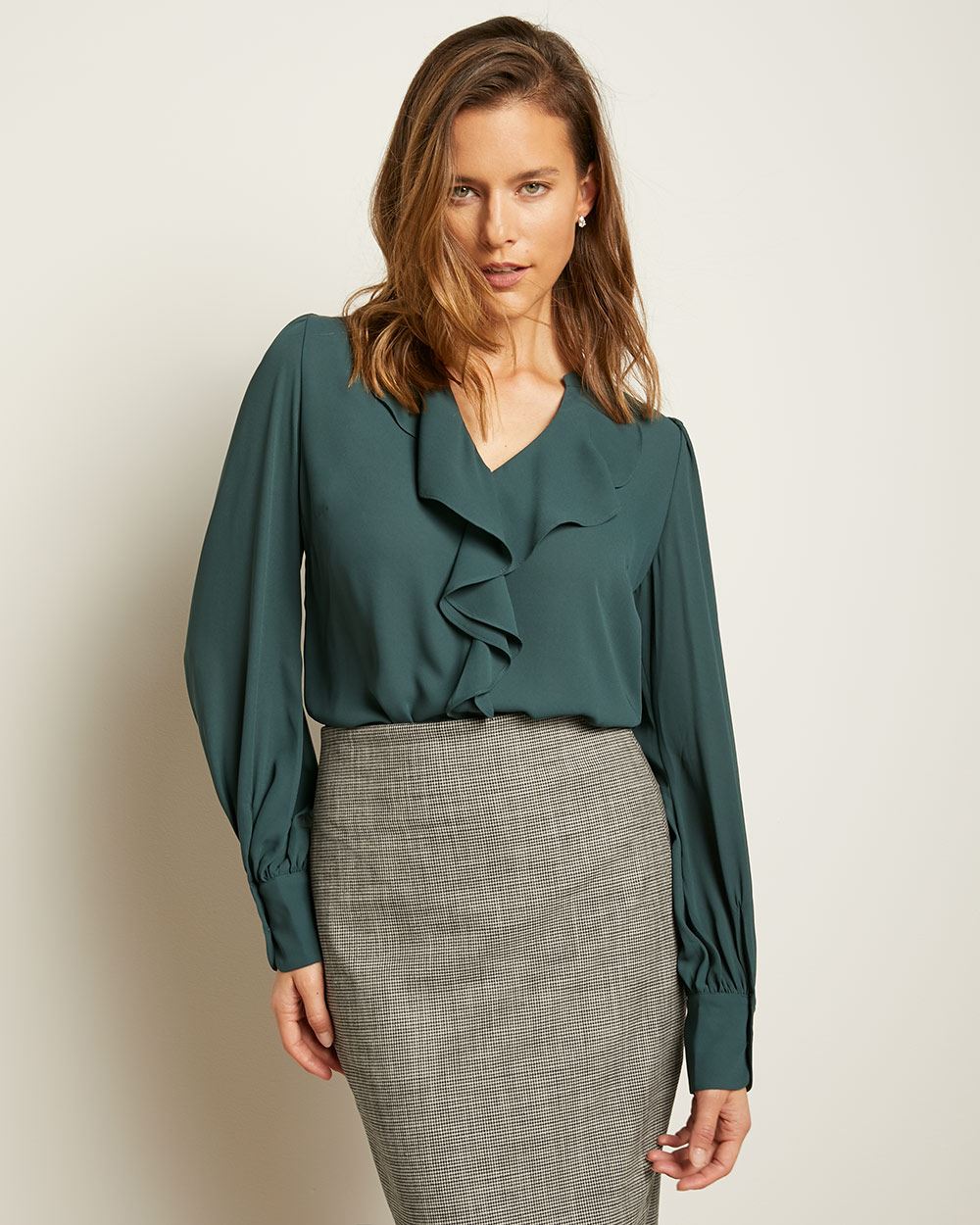 Silky Crepe Jabot Blouse With Puffy Sleeve | RW&CO.