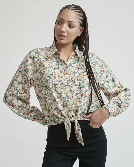 Long Sleeve Buttoned Blouse with Front Tie