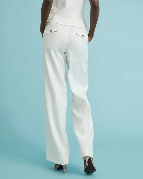 Pantalon en Lin Blanc à Jambe Large et Taille Haute