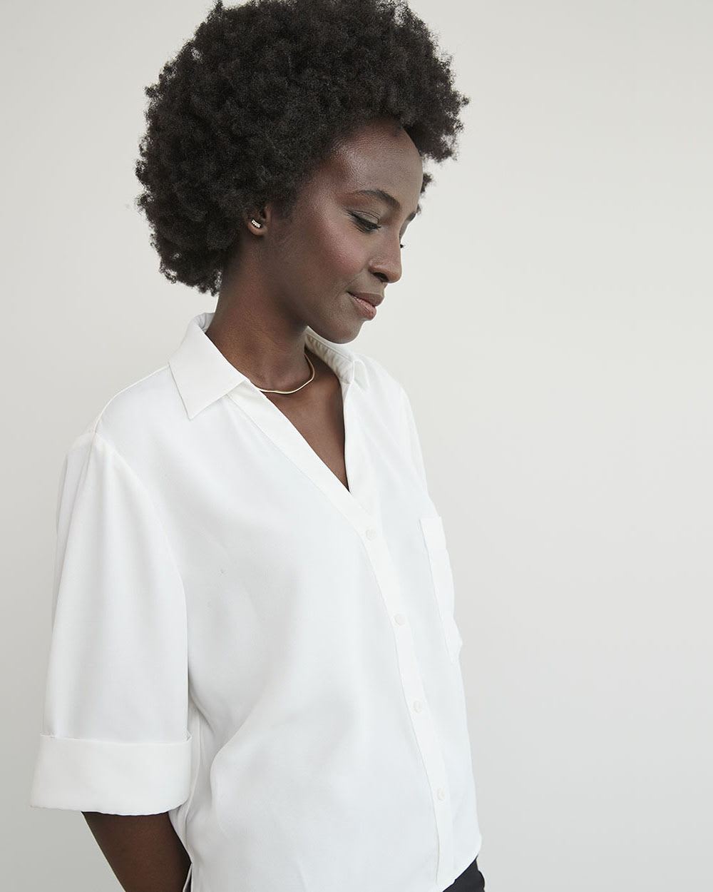 Soft Crepe Buttondown Blouse with Roll-Up Sleeves and Pocket