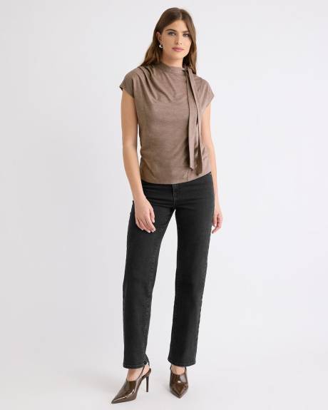 Extended-Sleeve Mock-Neck Top with Tie