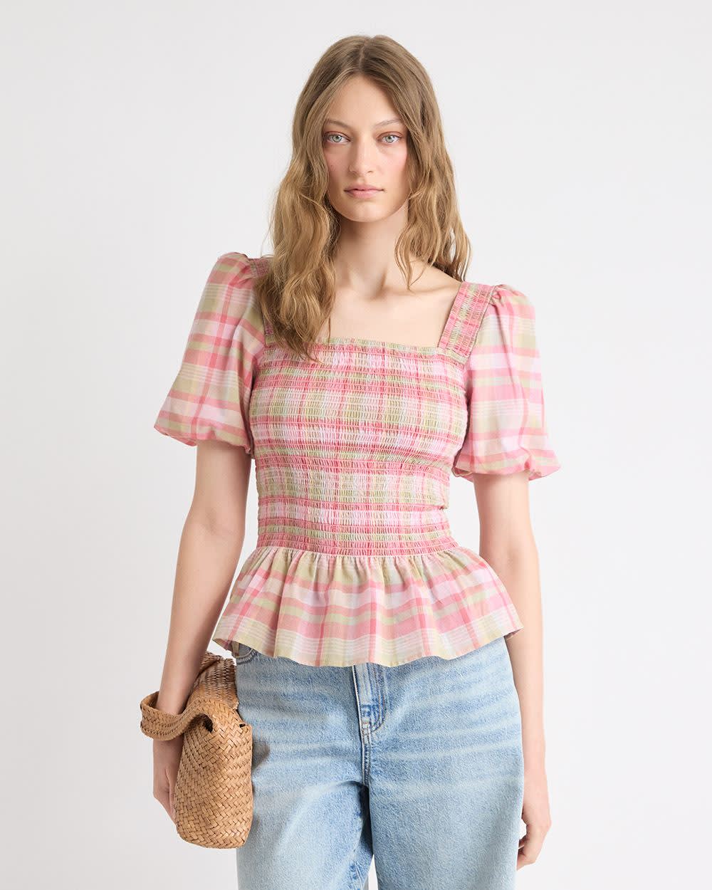 Smocked Peplum Blouse with Short Puffy Sleeves