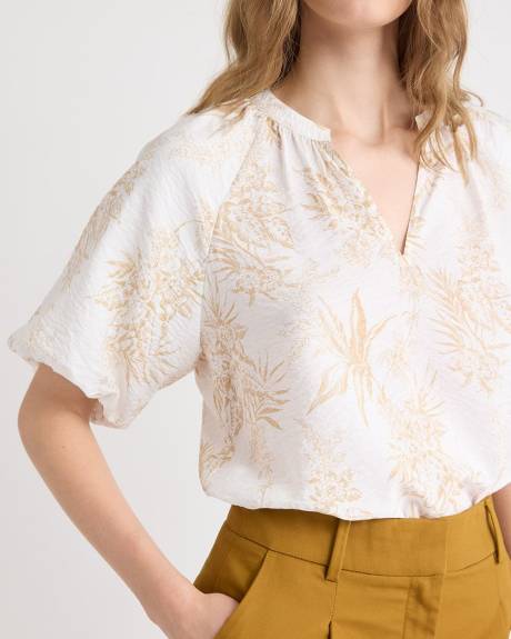Blouse à Col V et Manches Courtes Bouffantes