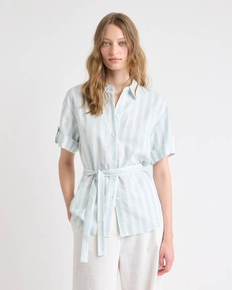 Short-Sleeve Linen-Blend Blouse with Removable Belt