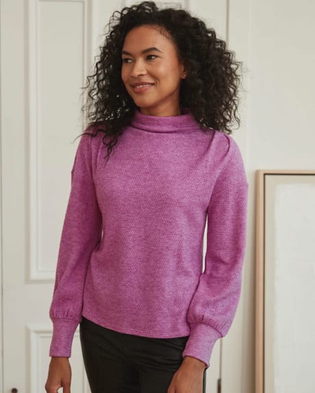 Boxy Brushed Knit Long Sleeve T-Shirt with Funnel Neck
