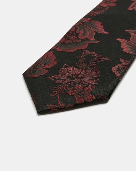 Cravate Noire Régulière avec Fleurs Bourgogne