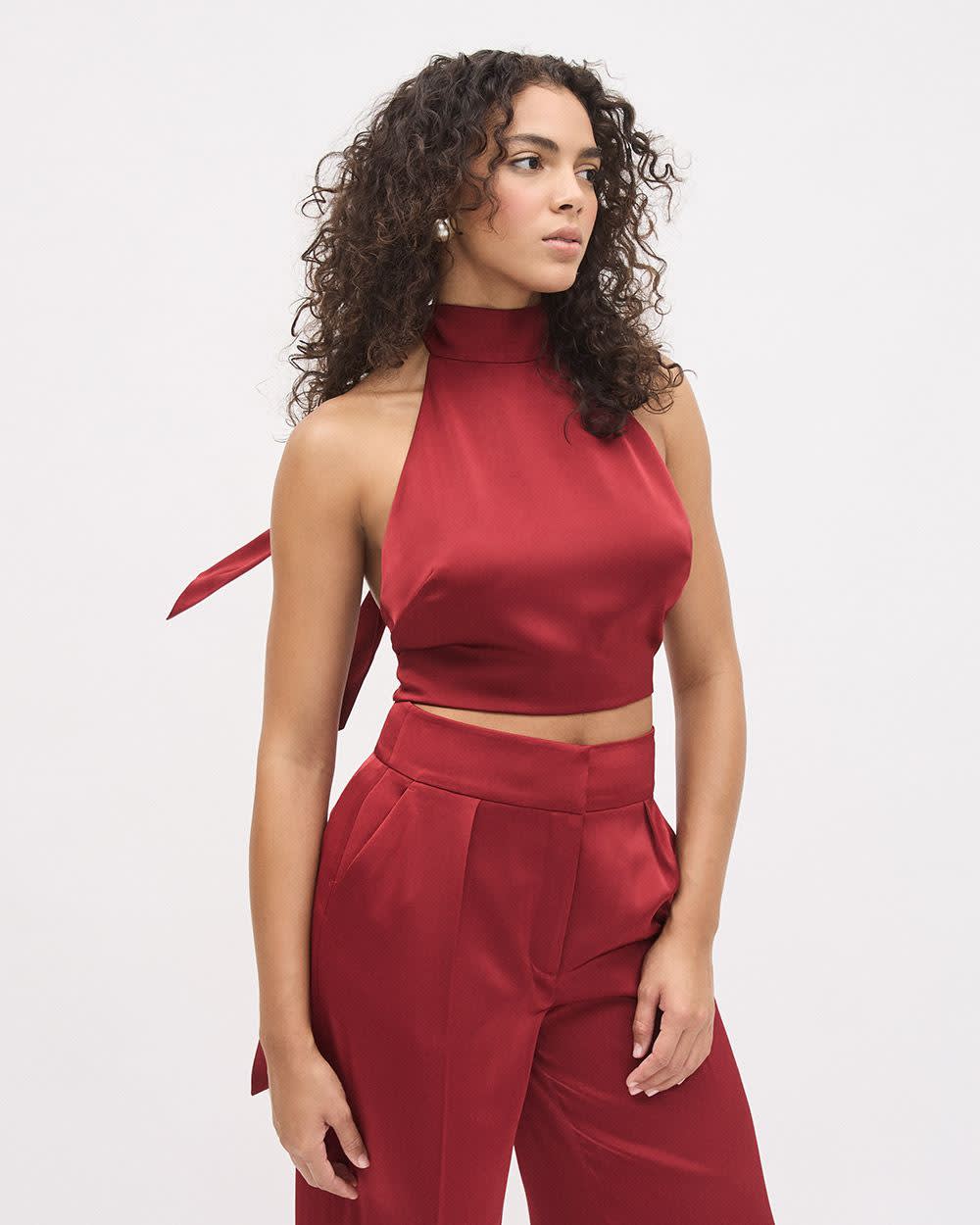 Sleeveless Halter-Neck Satin Cocktail Blouse