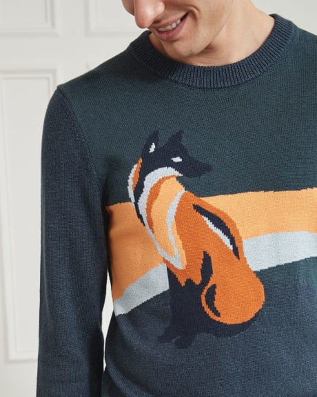 Crew Neck Sweater with Fox Pattern