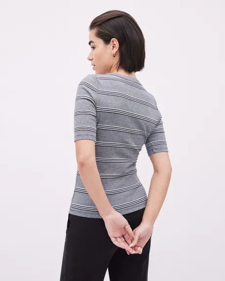 Elbow-Sleeve Crew-Neck Fitted Ribbed Tee