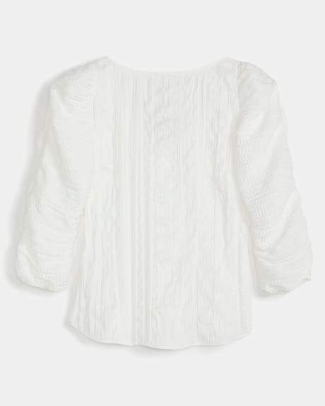 Shirred 3/4 Sleeve V-Neck Blouse with Buttoned Placket