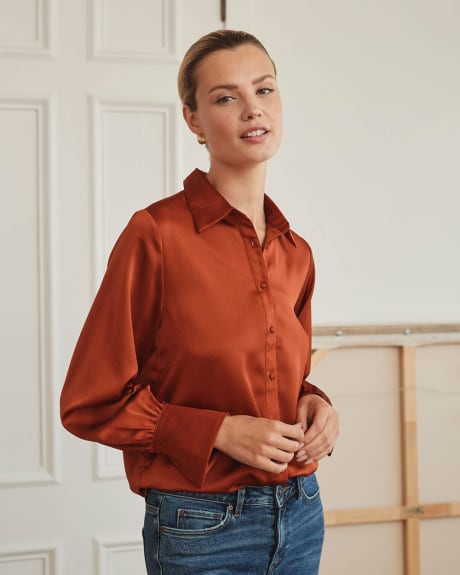 Silky Long Puffy Sleeve Button Down Blouse