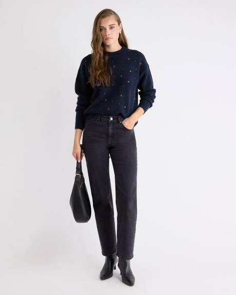 Long-Sleeve Crew-Neck Sweater with Embroidered Pattern