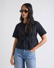 Elbow-Sleeve Peplum Blouse with Self-Ties at Front