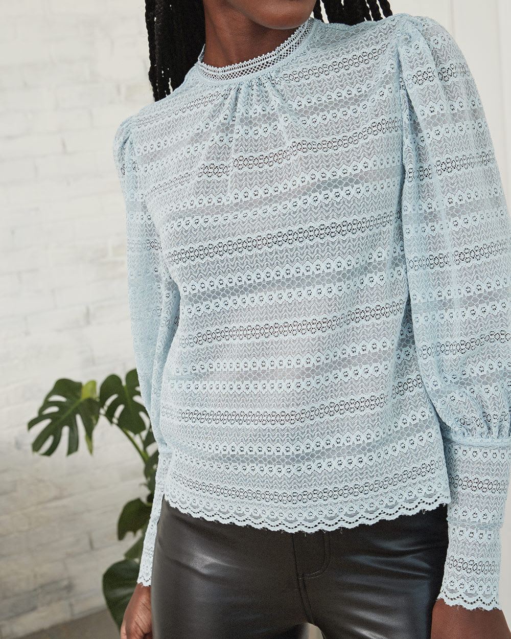 Long-Sleeve Lace T-Shirt with Mock Neck