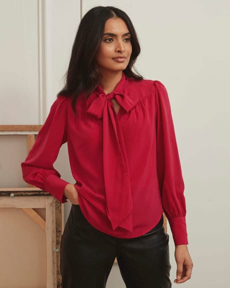 Matte Chiffon Long Sleeve Popover Blouse with Neck Tie