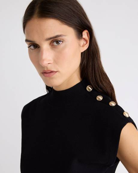 Sleeveless Mock-Neck Sweater with Buttons on Shoulder