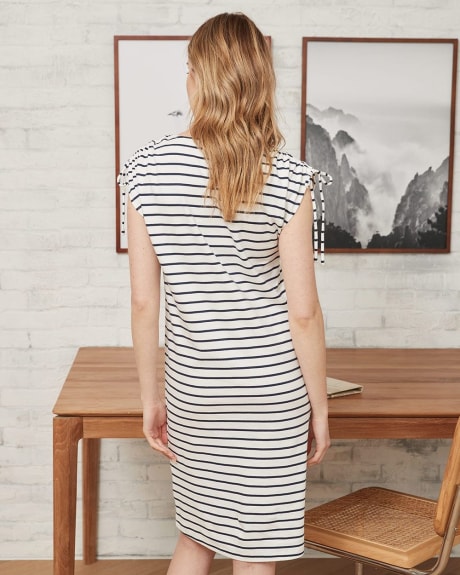Striped Crew-Neck Straight Dress with Drawcords at Shoulder