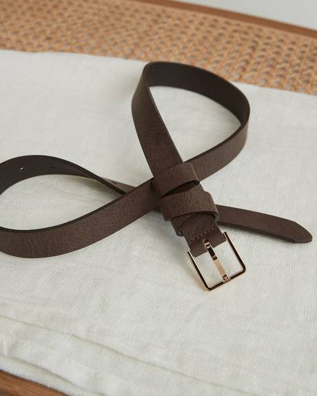 Square Buckle Leather Belt with Crossed Tab Detail