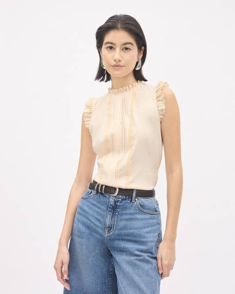 Sleeveless Crew-Neck Top with Lace Trims