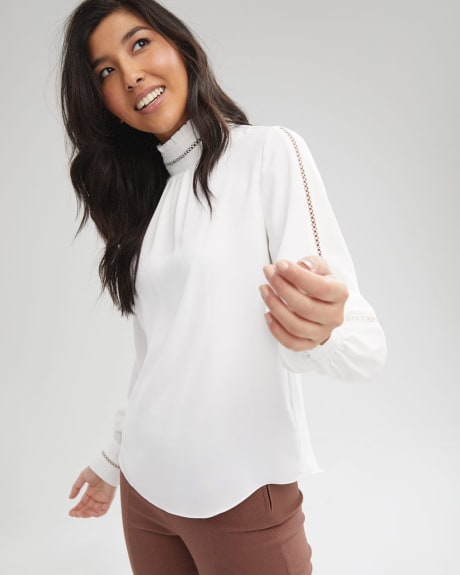 Lace-Trimmed Popover Blouse with Mock-Neck