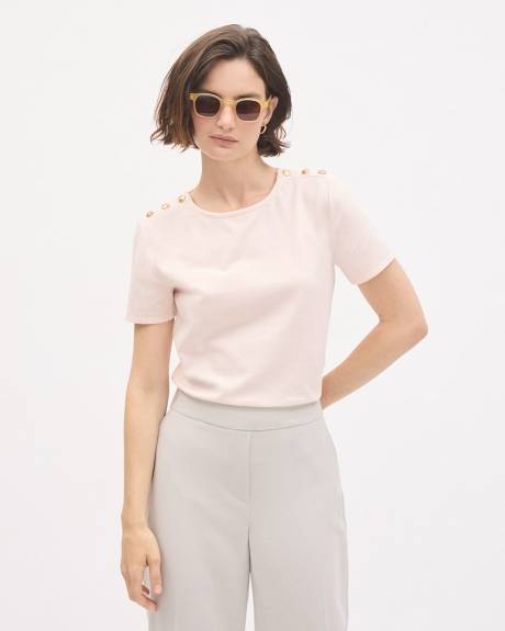 Short-Sleeve Crew-Neck Top with Buttons on Shoulder