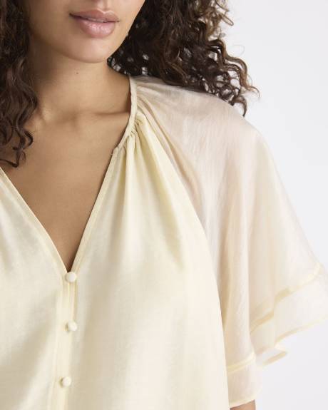 Blouse à Manches Courtes à Volants et Col V