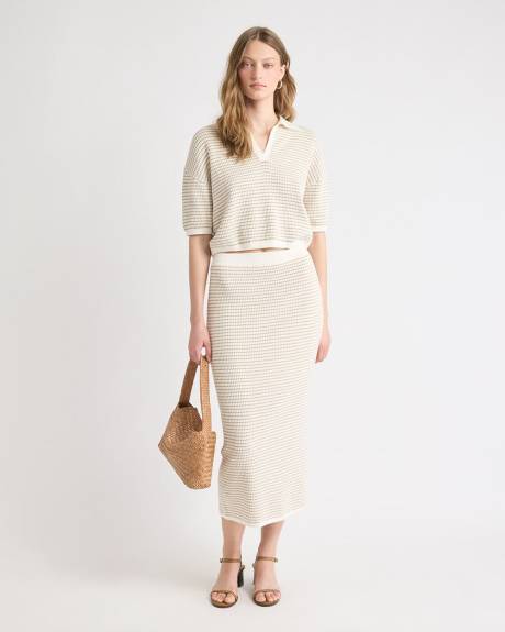 Elbow-Sleeve Polo Sweater in Fancy Stitches